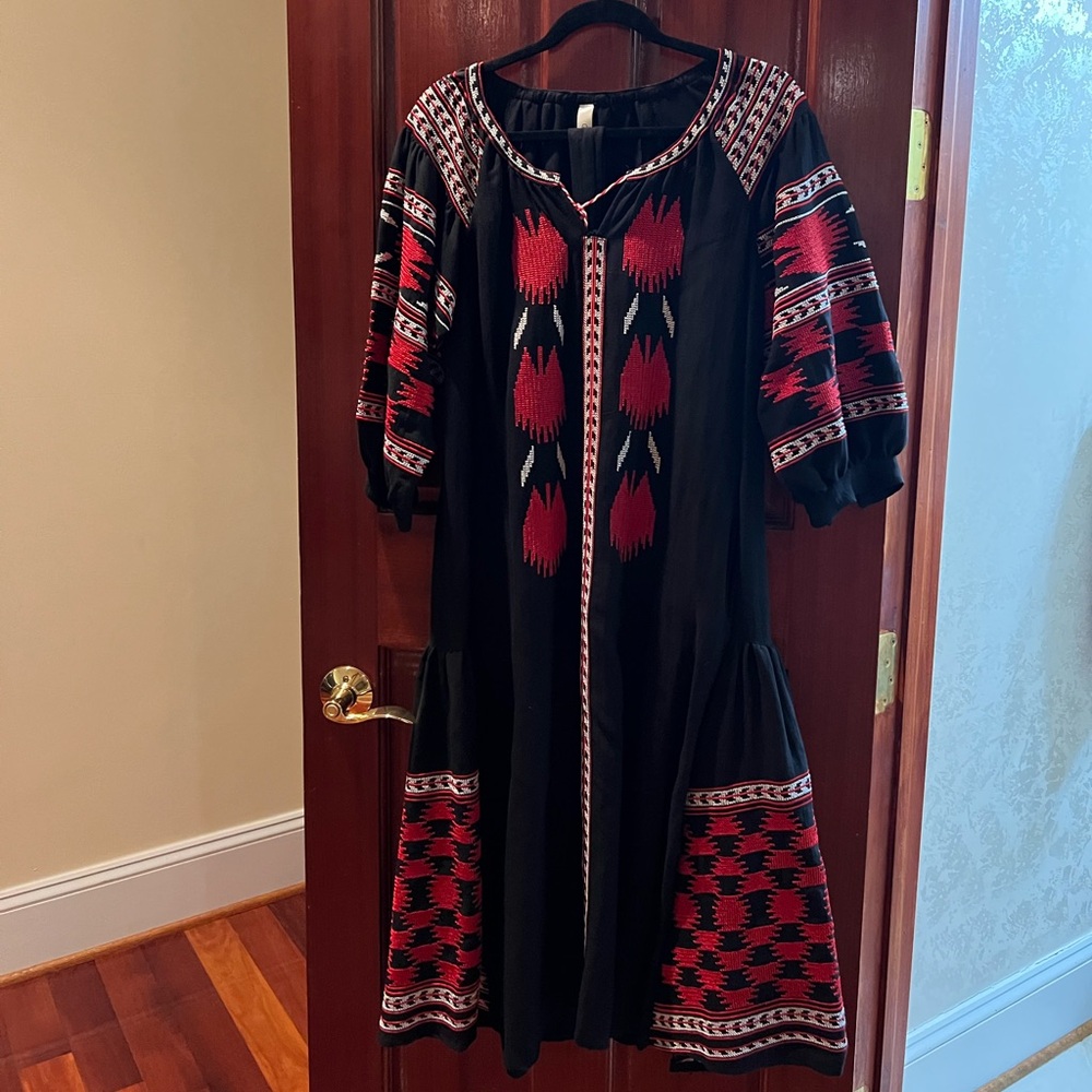 Elie Saab Black Midi Dress with Red Embroidered Accents